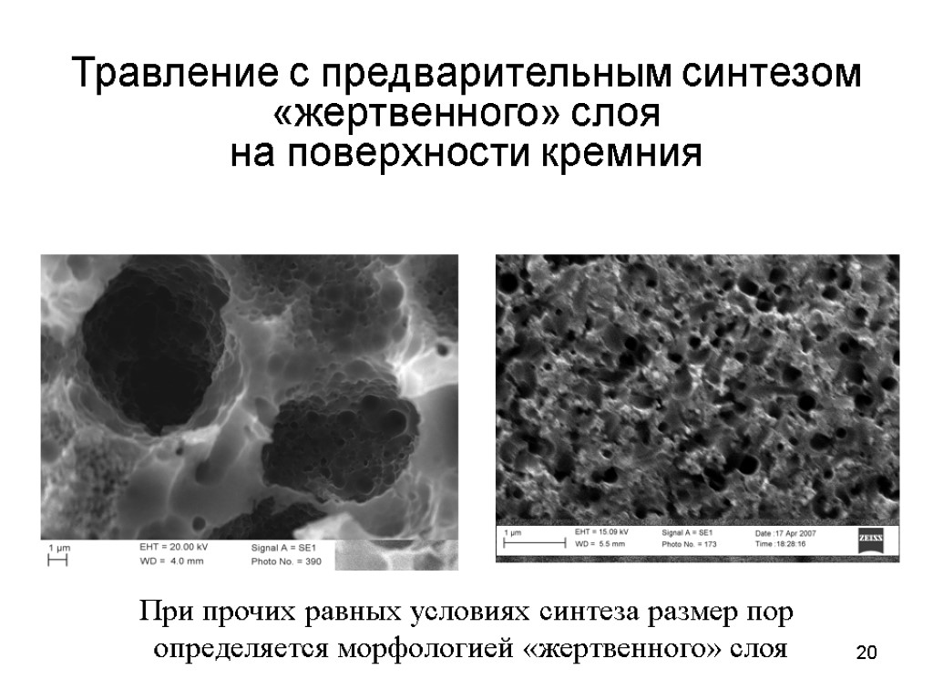 20 Травление c предварительным синтезом «жертвенного» слоя на поверхности кремния При прочих равных условиях